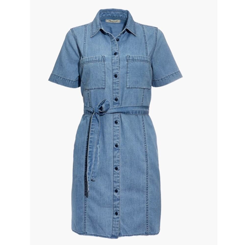 Madewell Chambray Button Front Tie Waist Shirt Dress